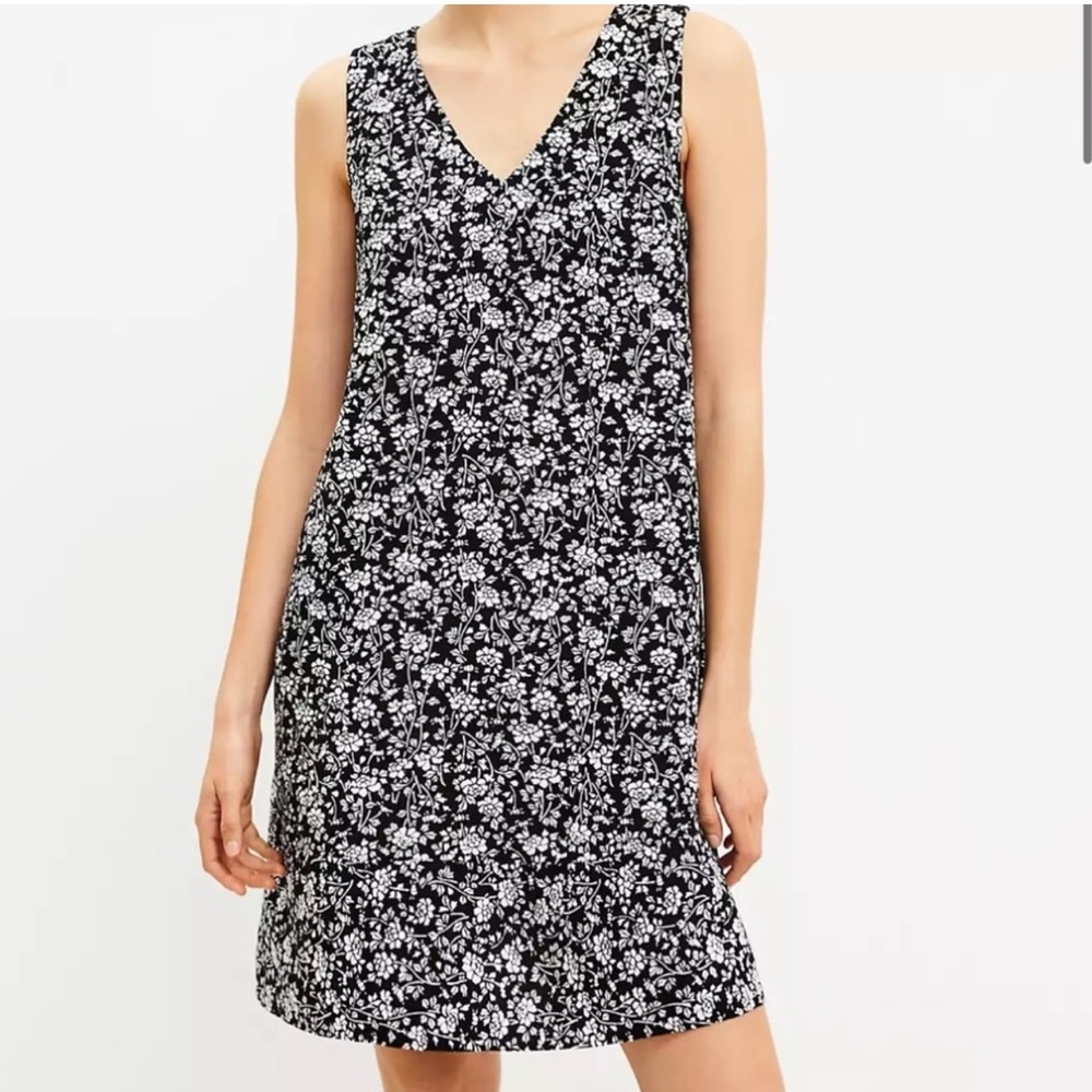 LOFT Black Floral V-Neck Sleeveless Linen Blend Mini Dress